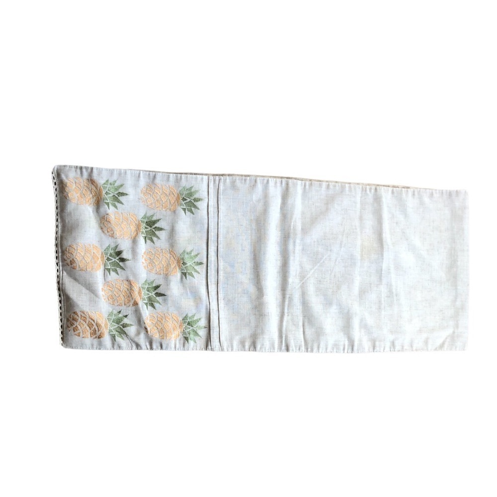 VTG Linen Blend Long Table Runner Embroidered Pineapples Tan Crochet Edge 68X14